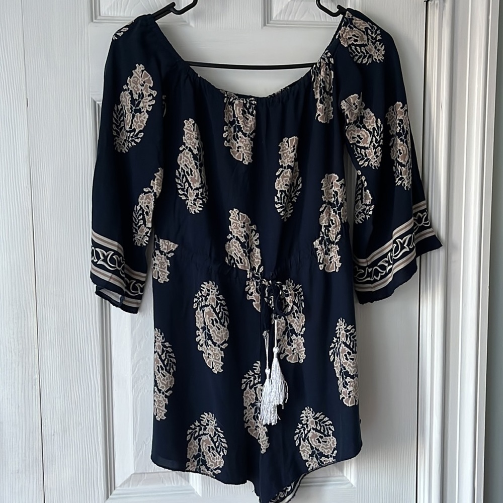 Navy Off-Shoulder Floral Tassel Romper (No Brand)